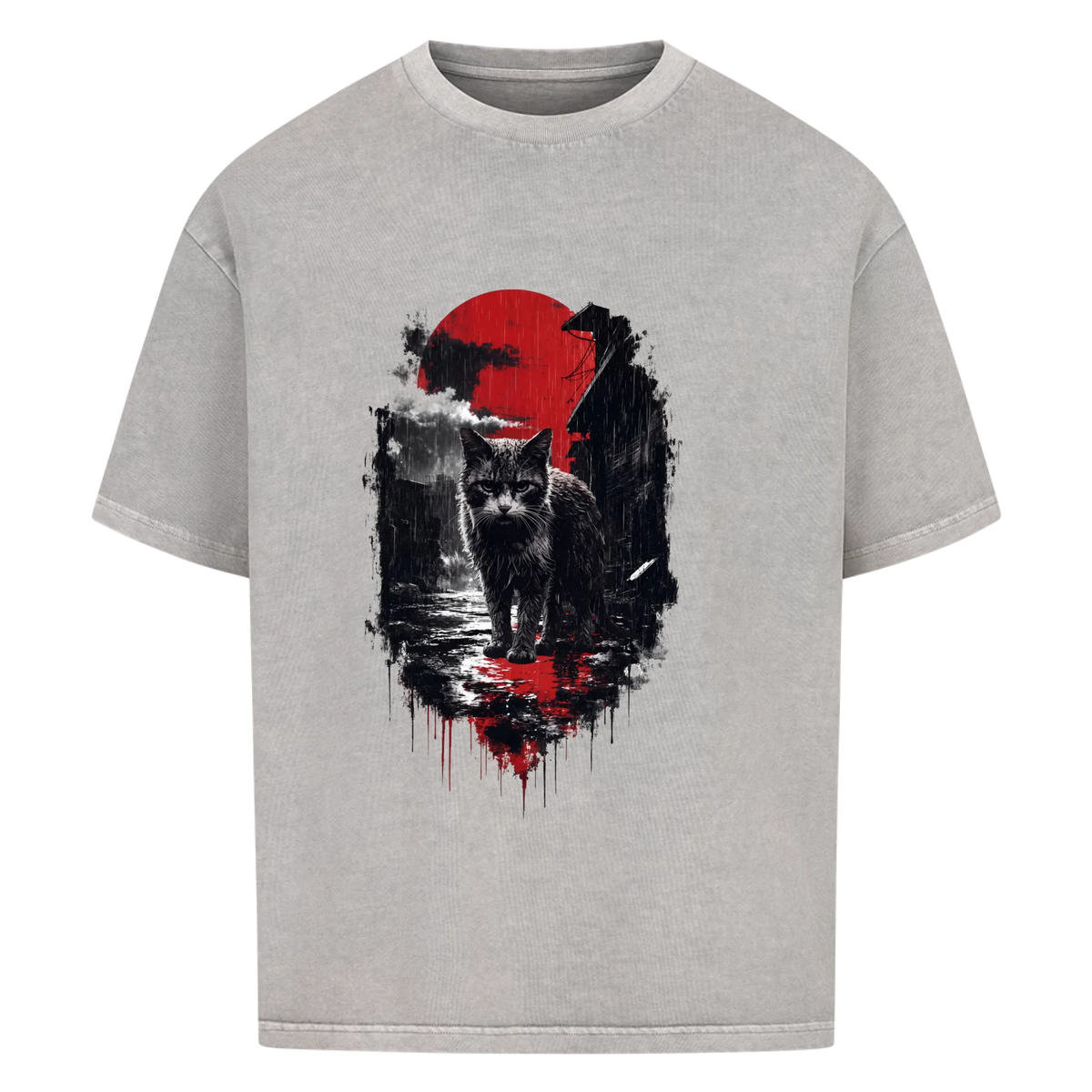 Sumi-e Katze – Oversized Shirt mit Red Sun Print – Model getragen