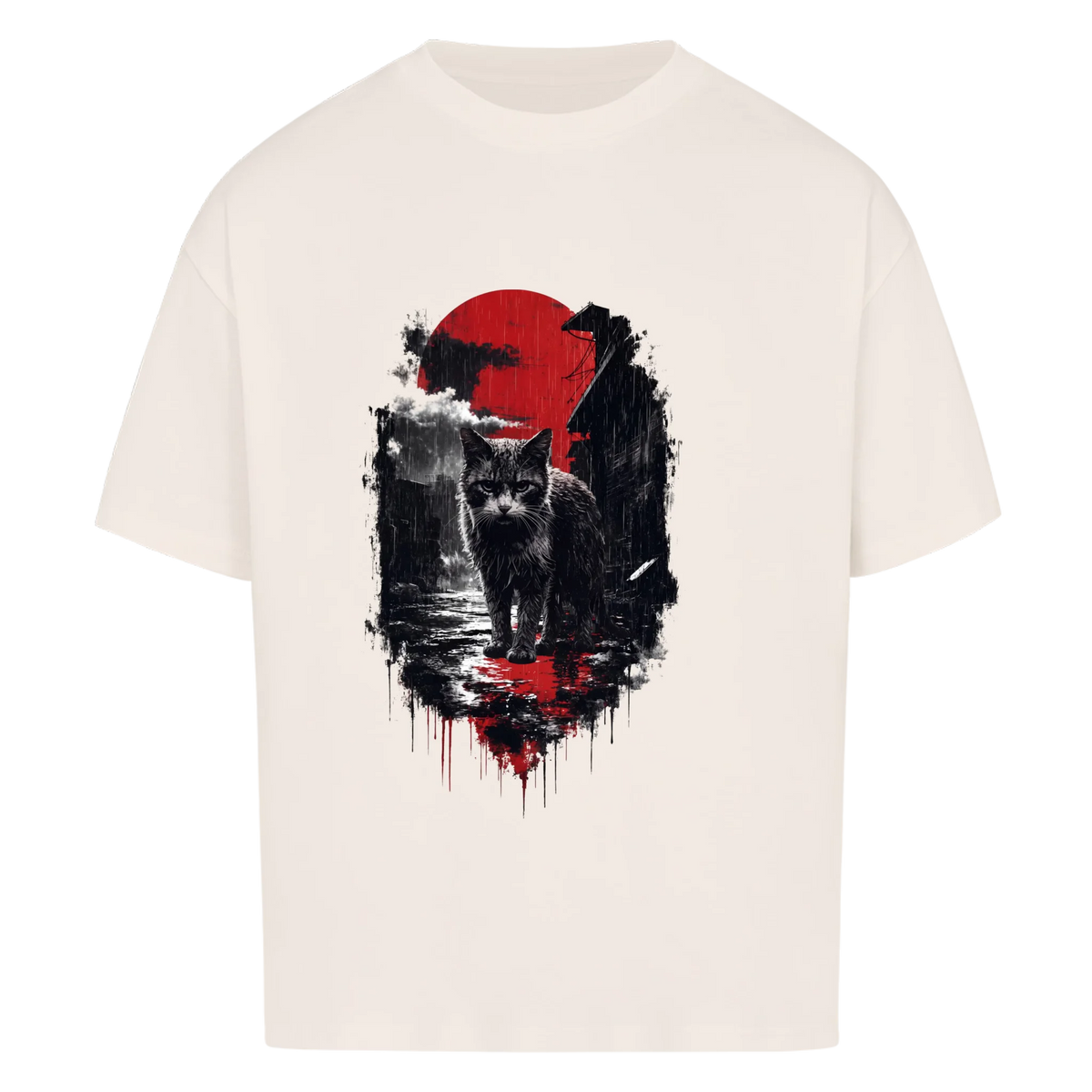 Sumi-e Katze – Oversized Shirt mit Red Sun Print – Rückansicht