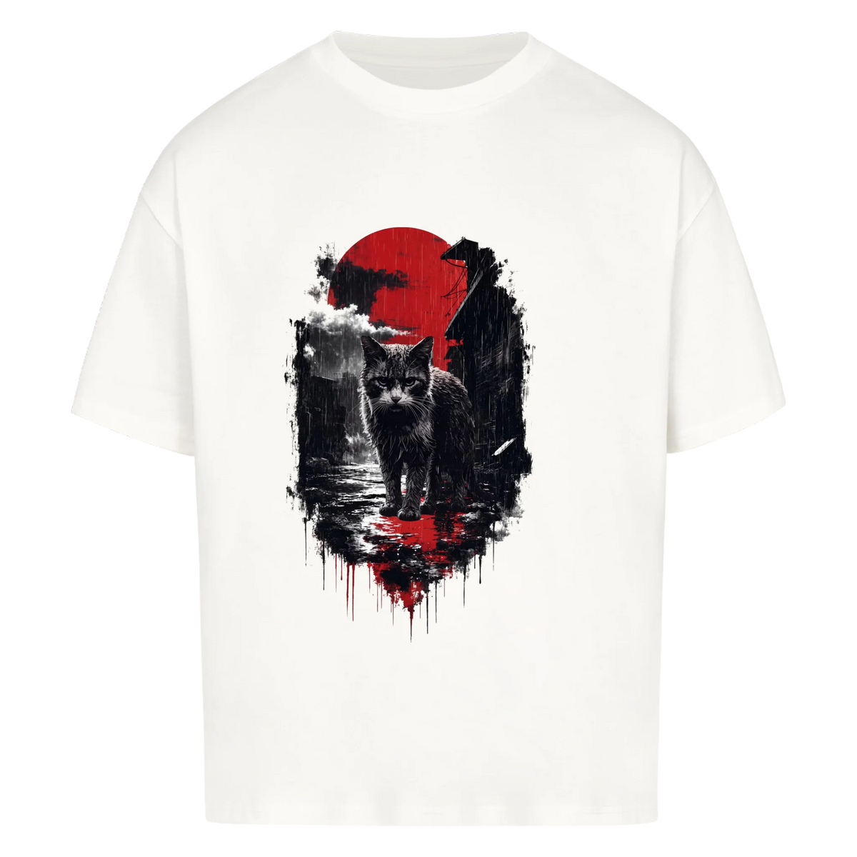 Sumi-e Katze – Oversized Shirt mit Red Sun Print – Frontansicht