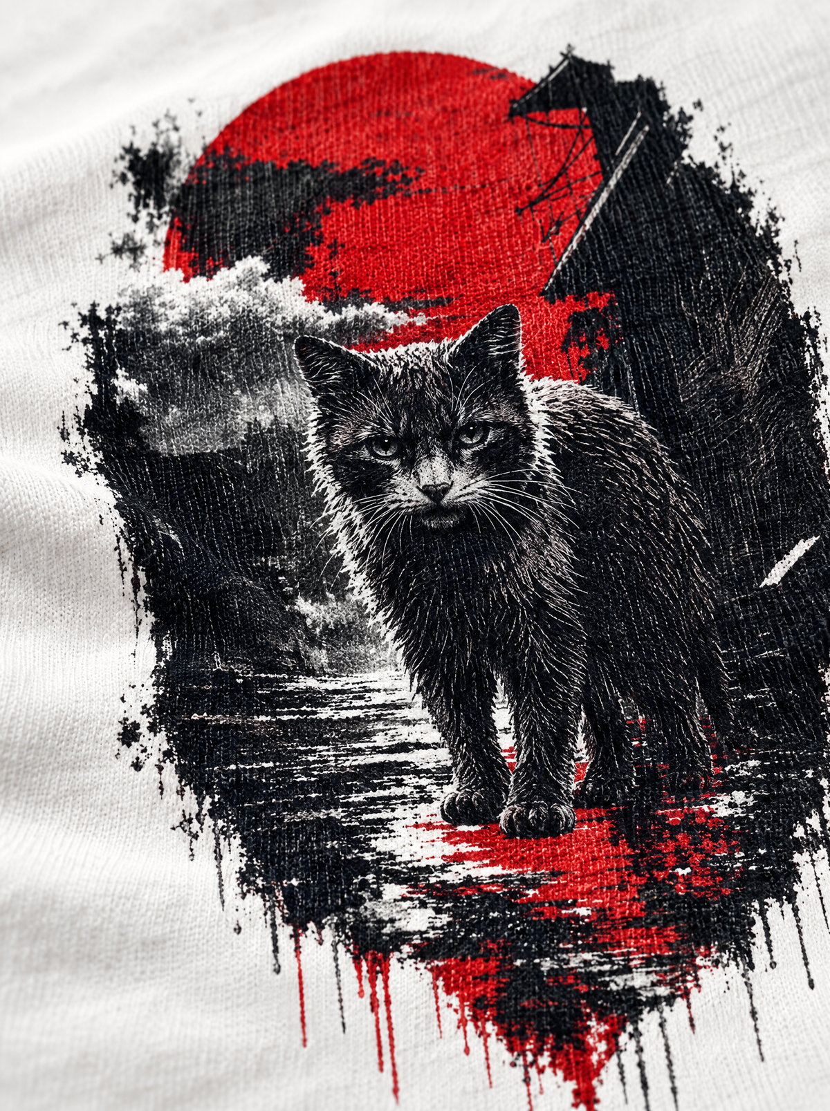 Sumi-e Katze – Oversized Shirt mit Red Sun Print – Nahaufnahme Stoff- und Druckdetail
