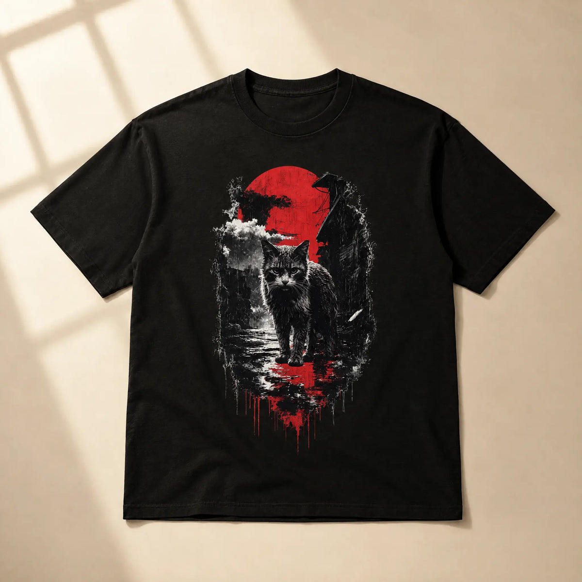 Sumi-e Katze – Oversized Shirt mit Red Sun Print