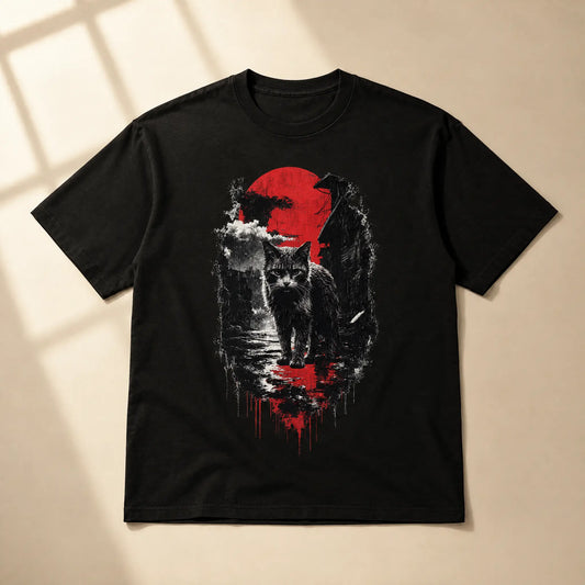 Sumi-e Katze – Oversized Shirt mit Red Sun Print