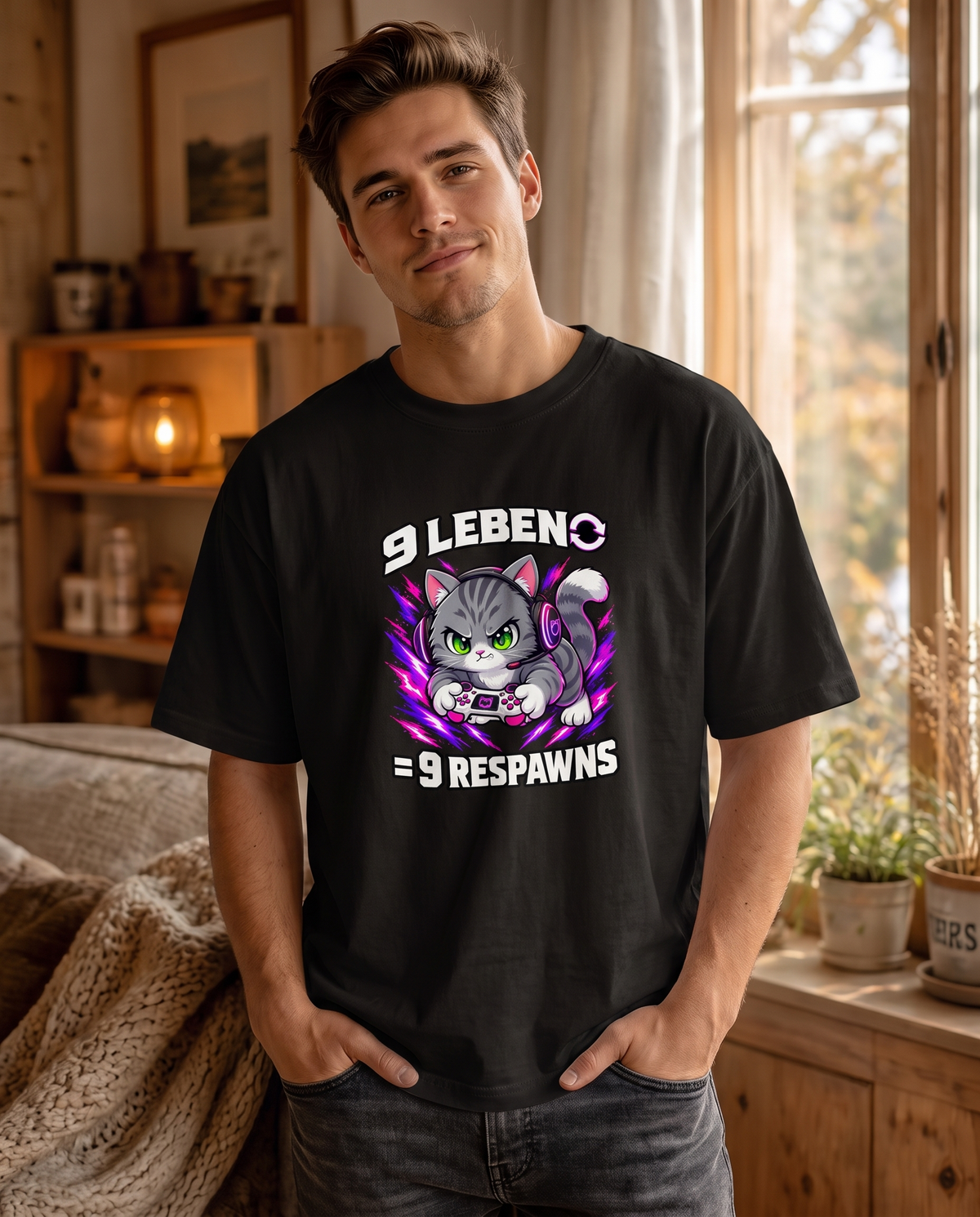 9 Leben, 9 Respawns Gamer Katze T-Shirt - Model getragen