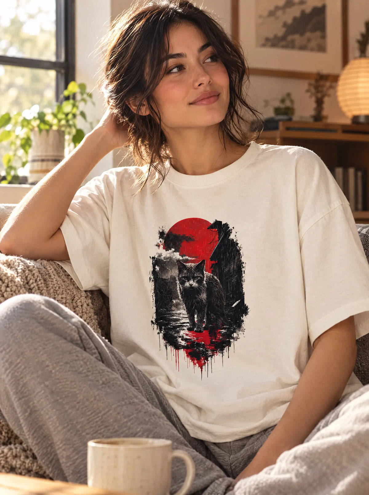 Sumi-e Katze – Oversized Shirt mit Red Sun Print